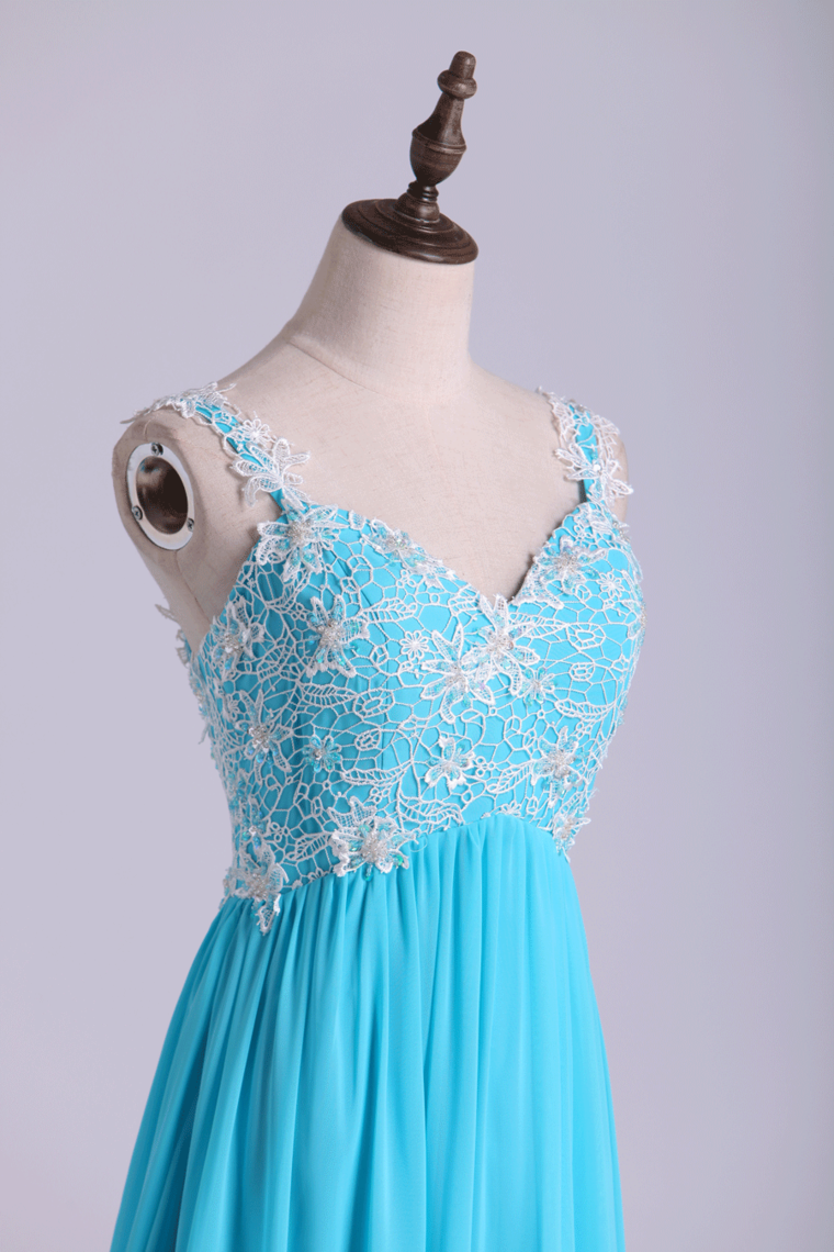 2024 Low Back Straps A Line Chiffon Prom Dress With Lace Bodice