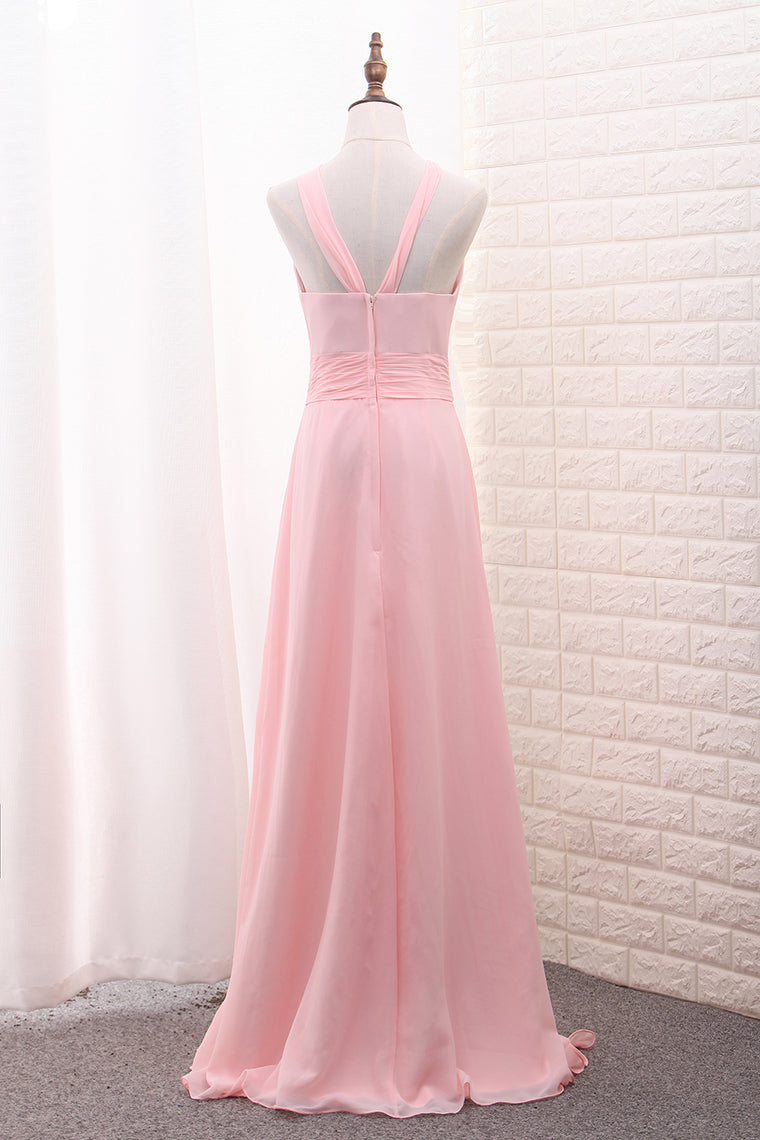 2024 Scoop A Line Chiffon Bridesmaid Dresses With Ruffles And Slit Floor Length