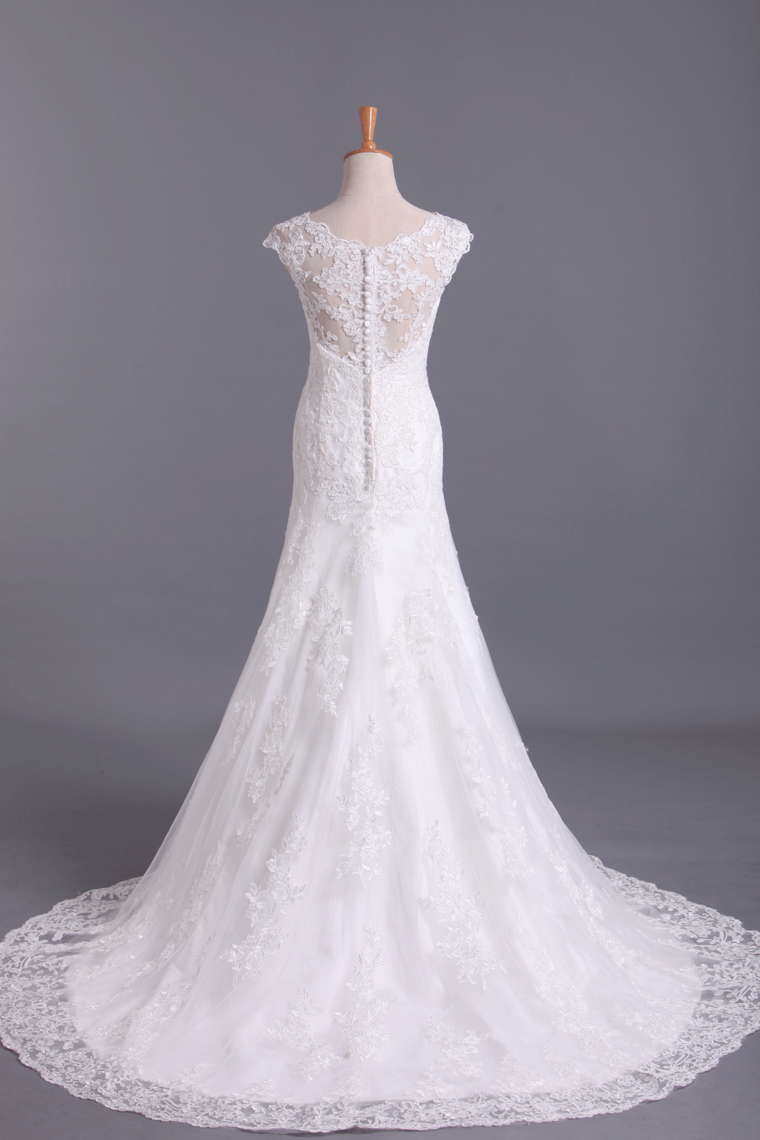 2024 New A-Line Wedding Dresses Bateau Court Train Covered Button Tulle & Lace Applique