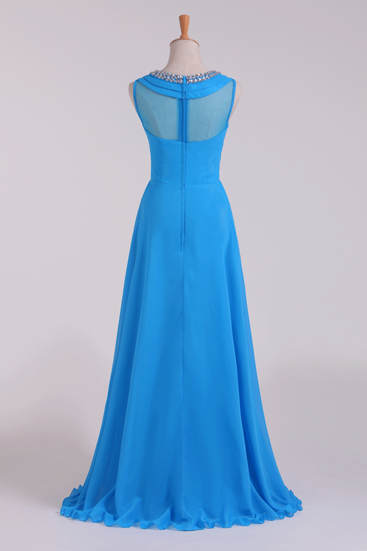 2024 Prom Dresses Scoop A Line Chiffon Beaded Floor Length