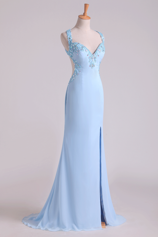 2024 Hot Halter Sheath Prom Dresses With Slit And Beading Chiffon Sweep Train