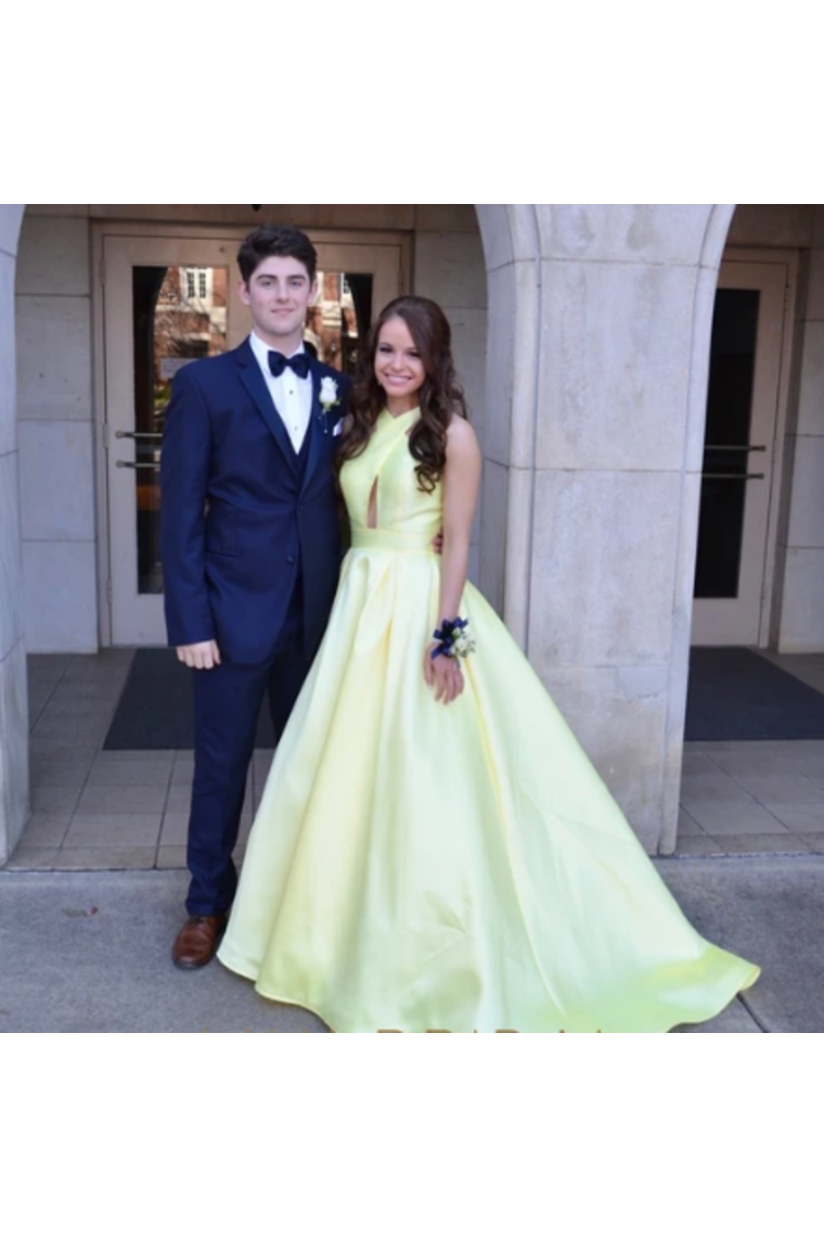 Daffodil Satin Sleeveless Criss-Cross Neckline Prom Dress With Sweep Train