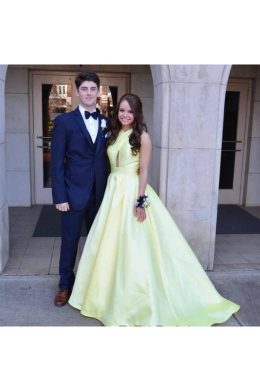 Daffodil Satin Sleeveless Criss-Cross Neckline Prom Dress With Sweep Train