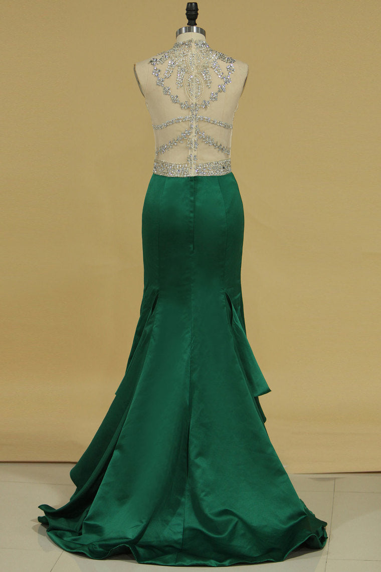 2024 High Neck Beaded Bodice Prom Dresses Mermaid Satin Sweep Train