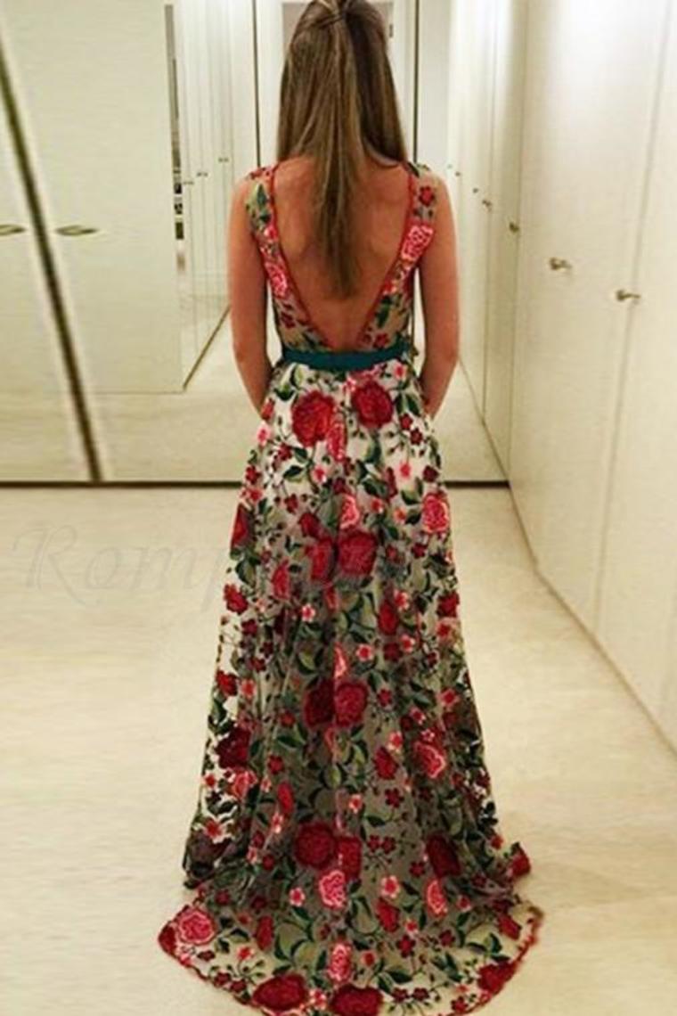 2024 Beautiful Prom Dresses Scoop Aline Rose Floral Embroidery Lace Prom Dress