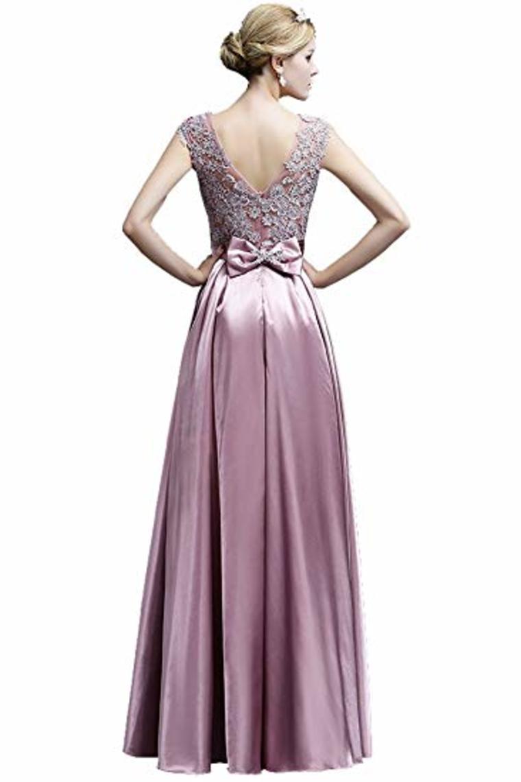 Elegant A-Line Applique Round Neck Lace Satin Ball Gown Evening Prom Dress