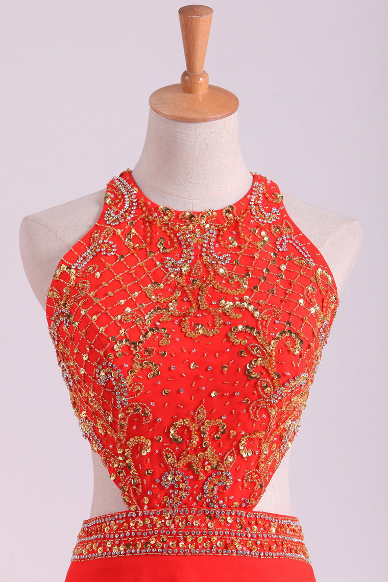 2024 Prom Dresses Scoop A Line Orange Red Chiffon With Beading Sweep Train