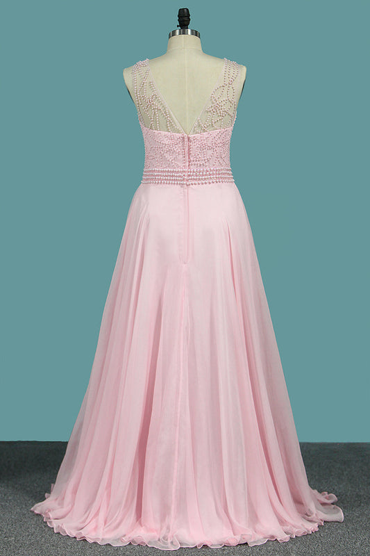 2024 Scoop Prom Dresses A Line 30D Chiffon With Beads Bodice