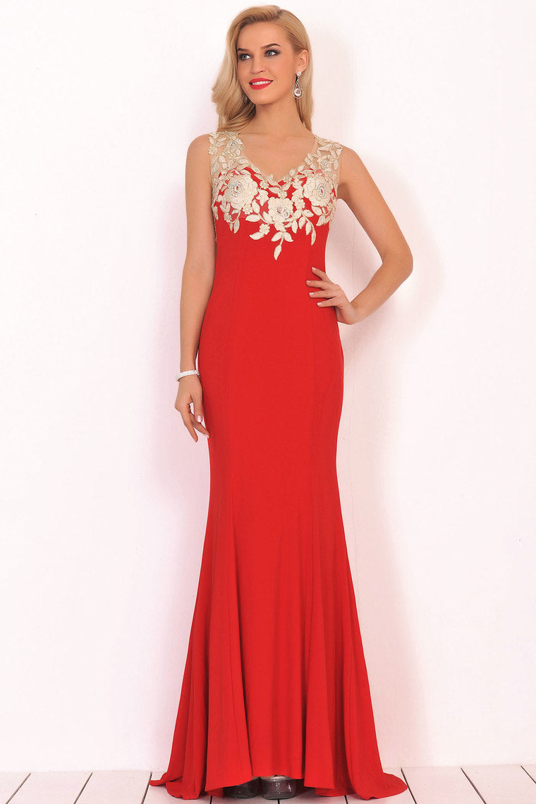 2024 Sexy V Neck Prom Dresses Mermaid Spandex With Appliques Sweep Train