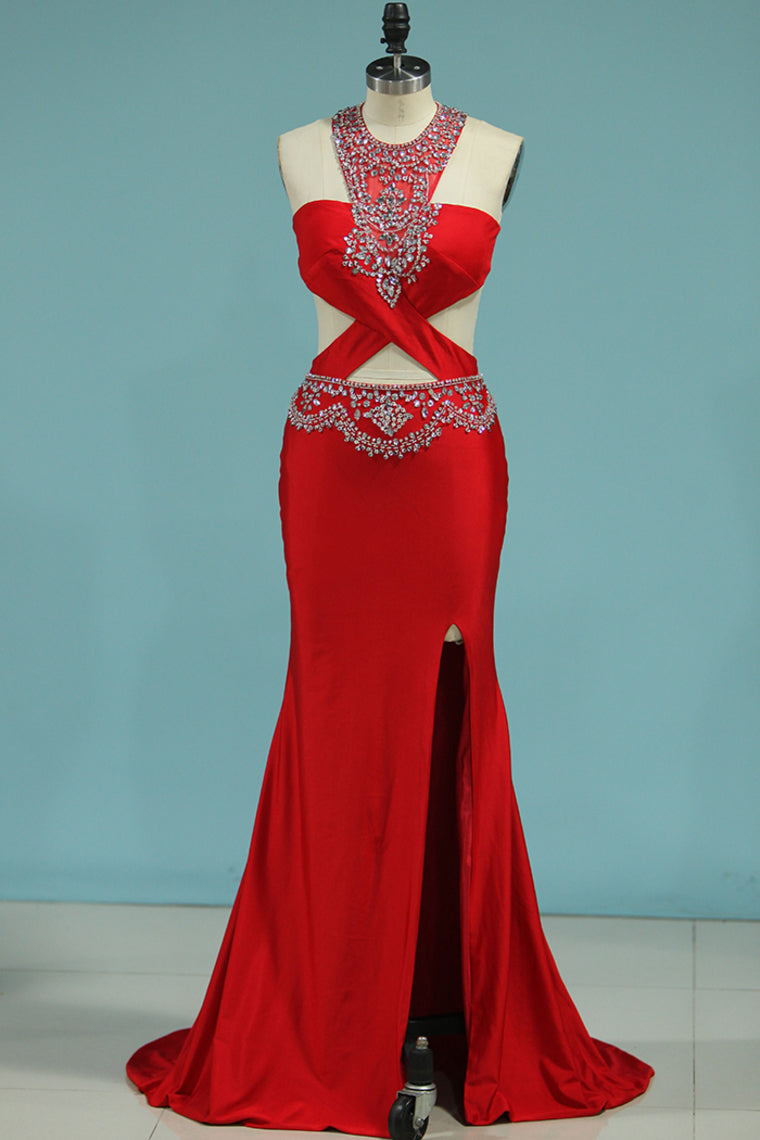 2024 New Arrival Scoop With Beads And Slit Prom Dresses Spandex Mermaid