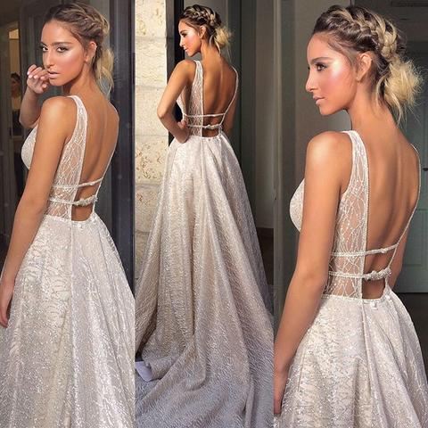 Sparkly Boho Beach Wedding Dresses A Line Sweep Train V Neck Bridal Gowns