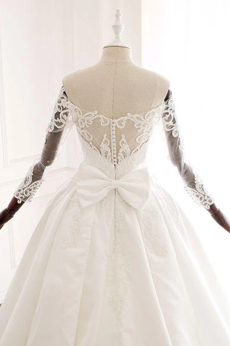 Ball Gown Long Sleeves Wedding Dress With Appliques, Satin Bridal Gown