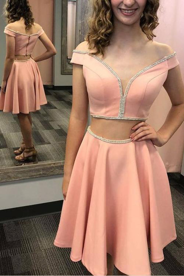 Impressive Two Pieces Off the Shoulder V Neck Homecoming Dresses