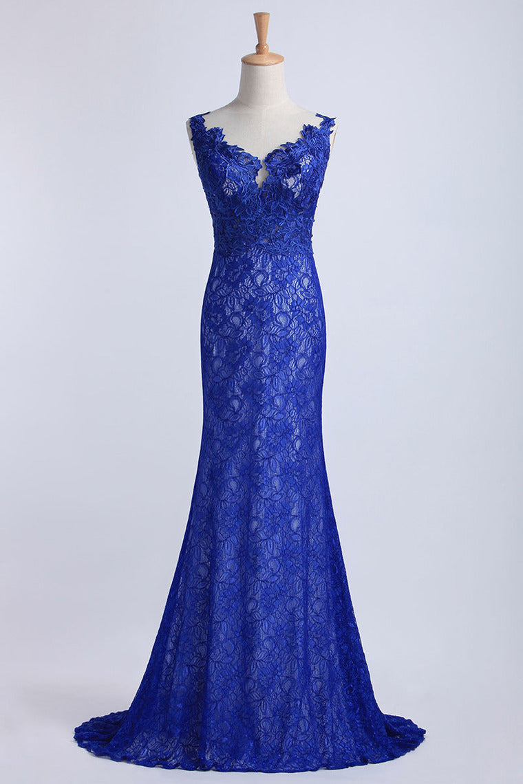 2024 Evening Dresses Bateau Mermaid With Deep V Shape Back Lace&Tulle Dark Royal Blue