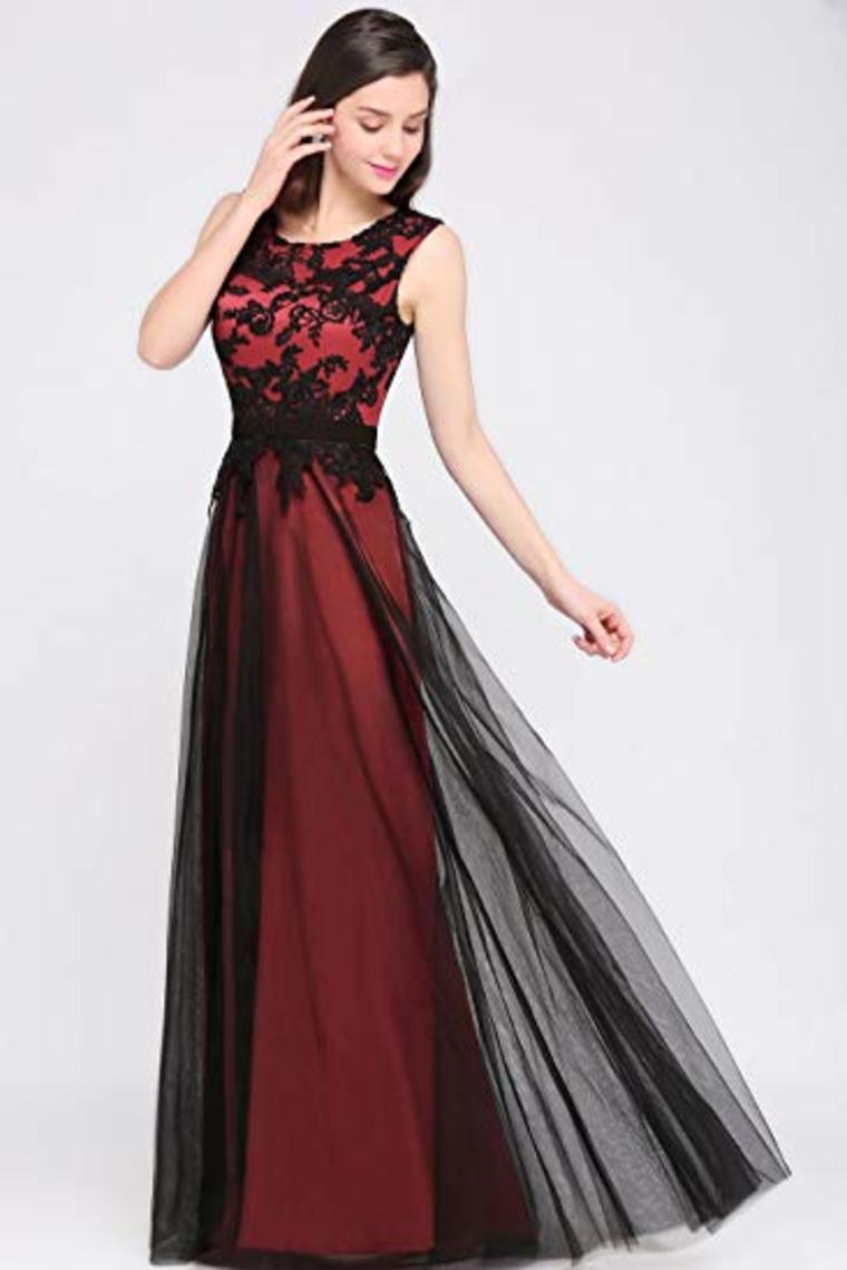 Lace Tulle Round Neck A Line Sleeveless Wedding Bridesmaid Long Evening  Festive Party Dress