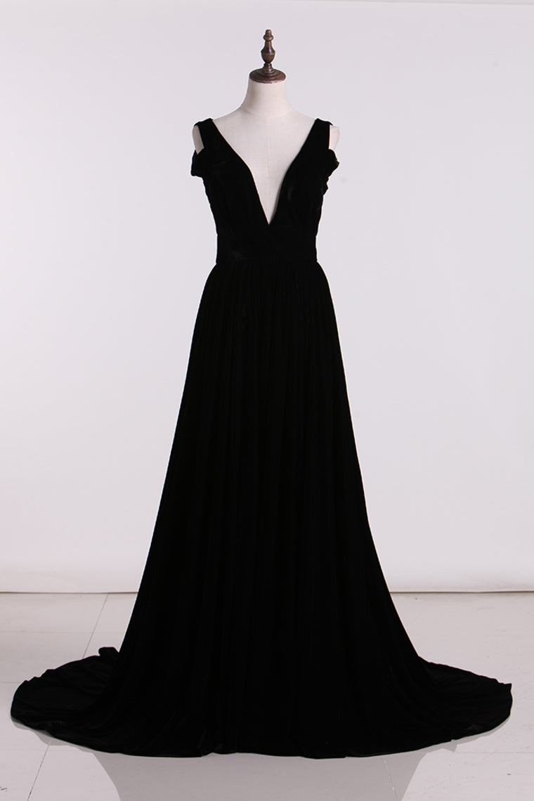 2024 Velvet A Line V Neck Sweep Train Evening Dress