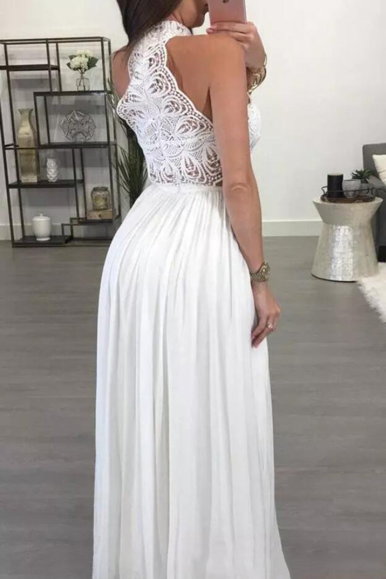 2024 High Neck A Line Chiffon & Lace Floor Length Prom Dresses