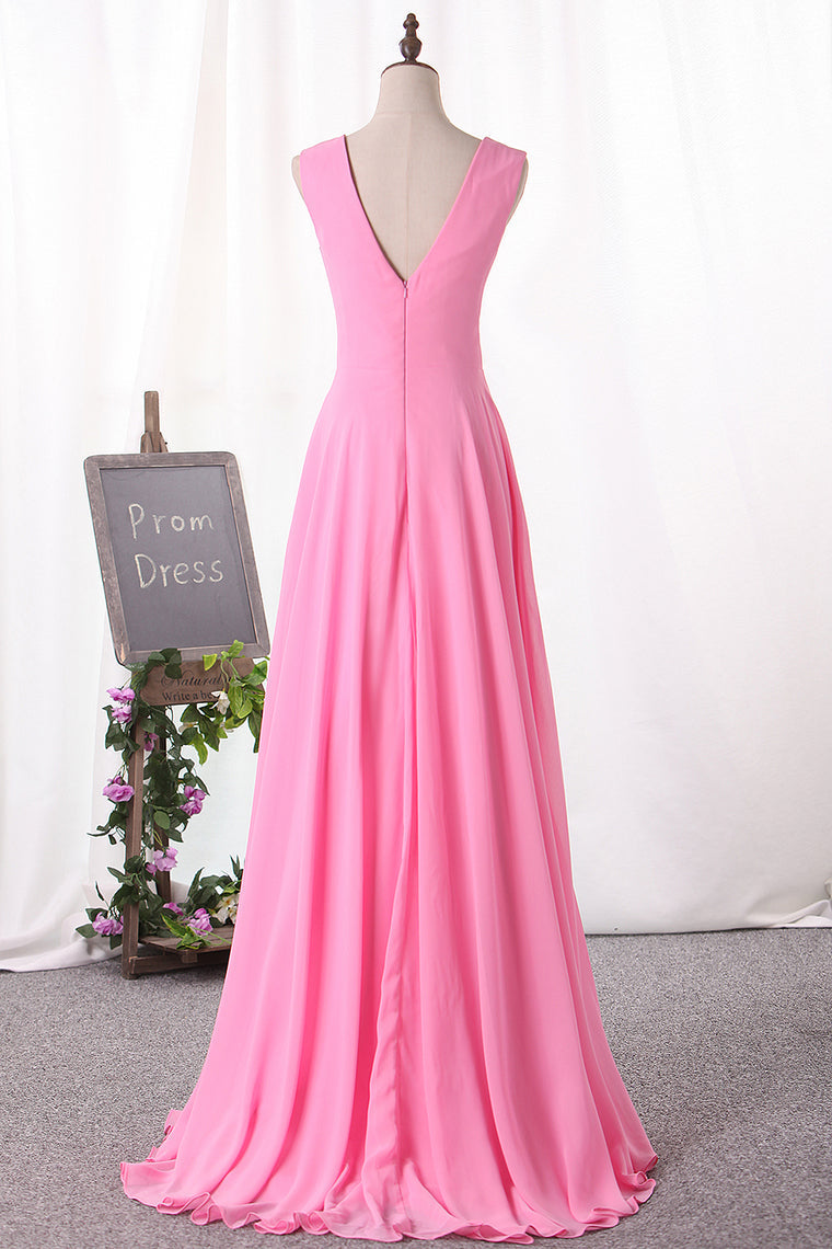 2024 Prom Dresses V Neck Chiffon With Slit A Line Sweep Train