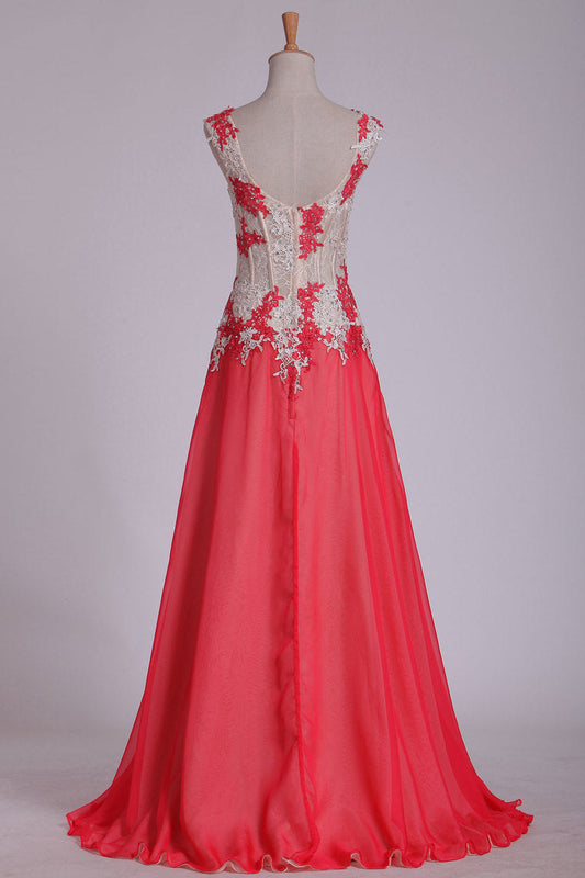 2024 Straps Prom Dresses A Line Chiffon With Applique And Beads Sweep Train