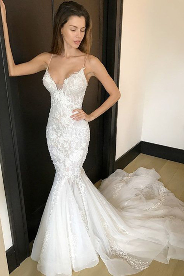 2024 Mermaid Wedding Dresses Spaghetti Straps With Applique And Beads Tulle