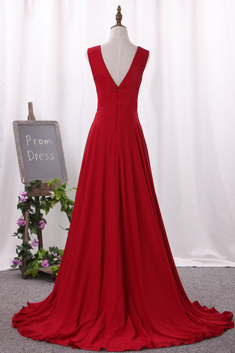 2024 Prom Dresses V Neck Chiffon With Slit A Line Sweep Train