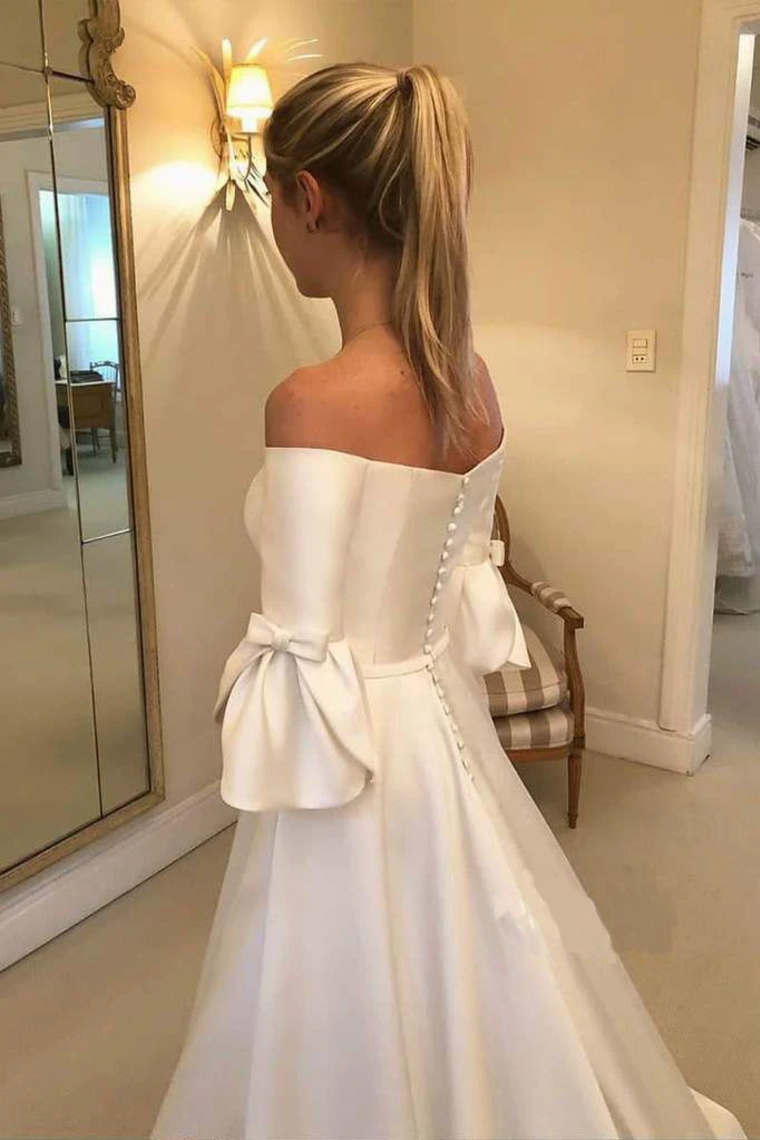 Simple Half Sleeves A Line Wedding Dresses, Elegant Sweep Train Wedding Dresses