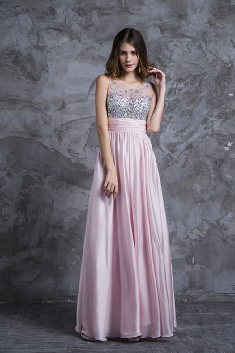 2024 Sexy Prom Dresses Scoop Neckline Princess Floor Length Chiffon Beaded Bodice