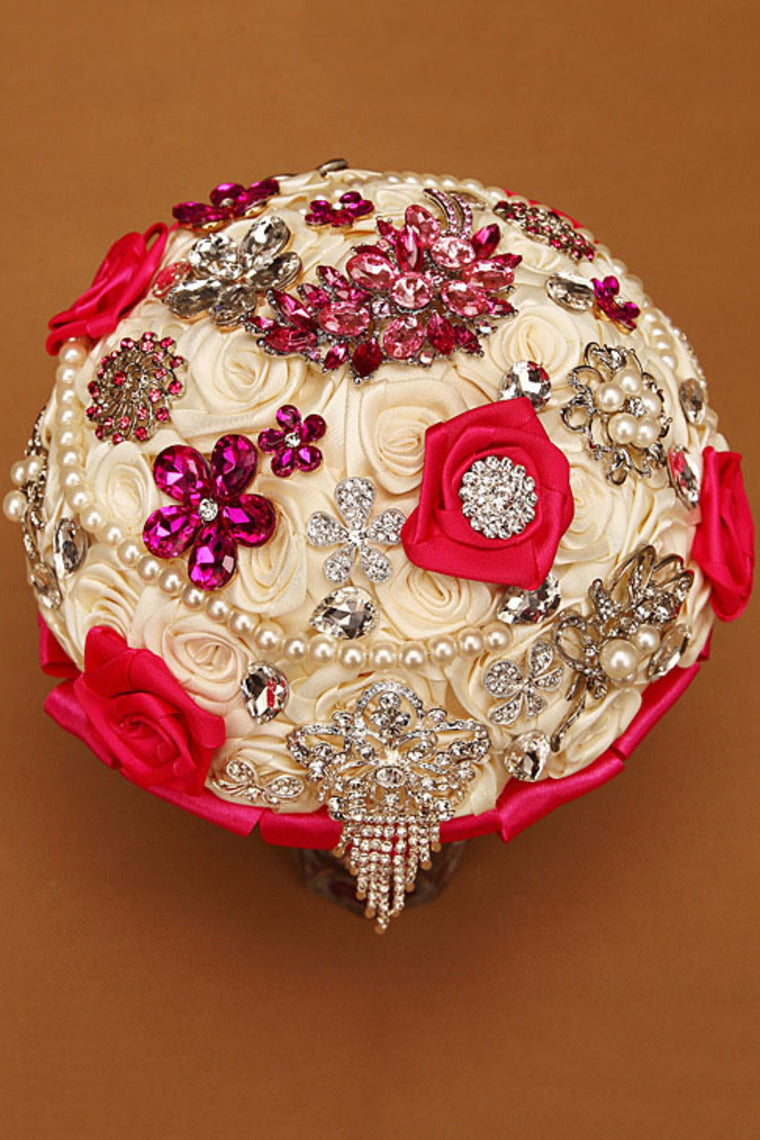 Round Shape Ribbon Roses With Rhinestone Brooch Wedding Bouquet (27*20cm)