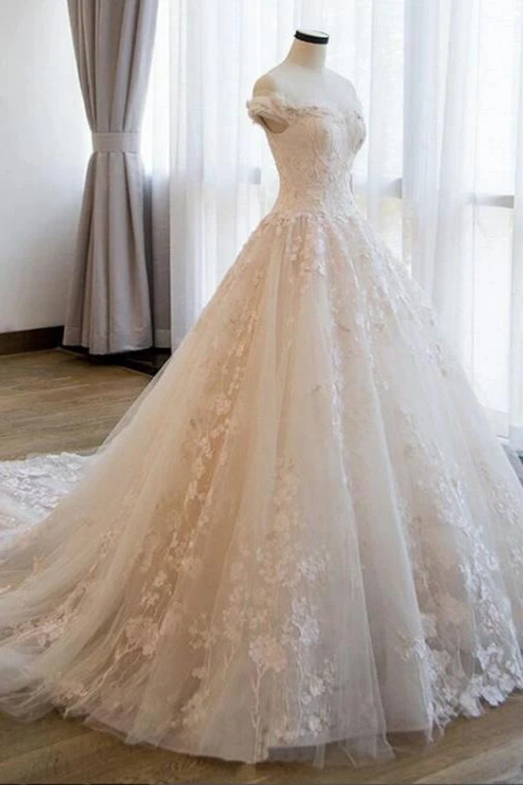 Ball Gown Off The Shoulder Appliques Wedding Dresses, Ivory Bridal Dresses