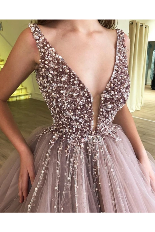 Beaded Tulle Deep Illusion V Neck Ball Gown Prom Dress Floor Length