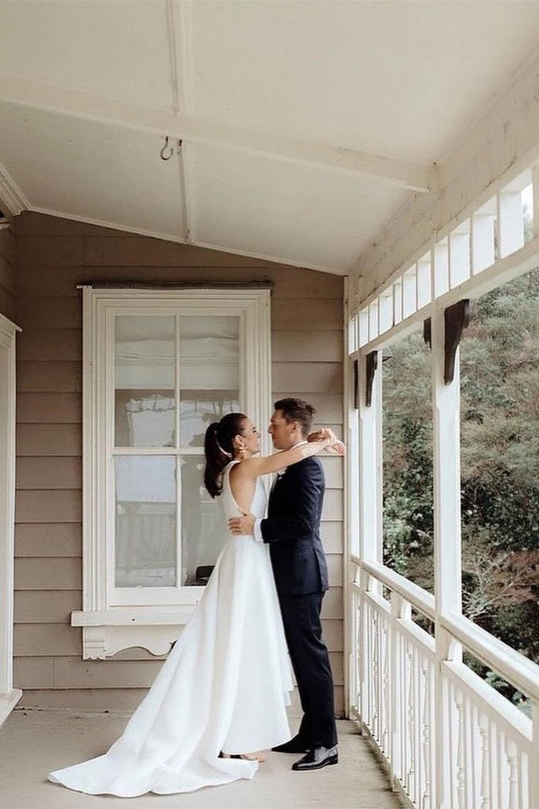 Simple Round Neck Satin Ivory Wedding Dresses With Pockets, Long Wedding Gowns