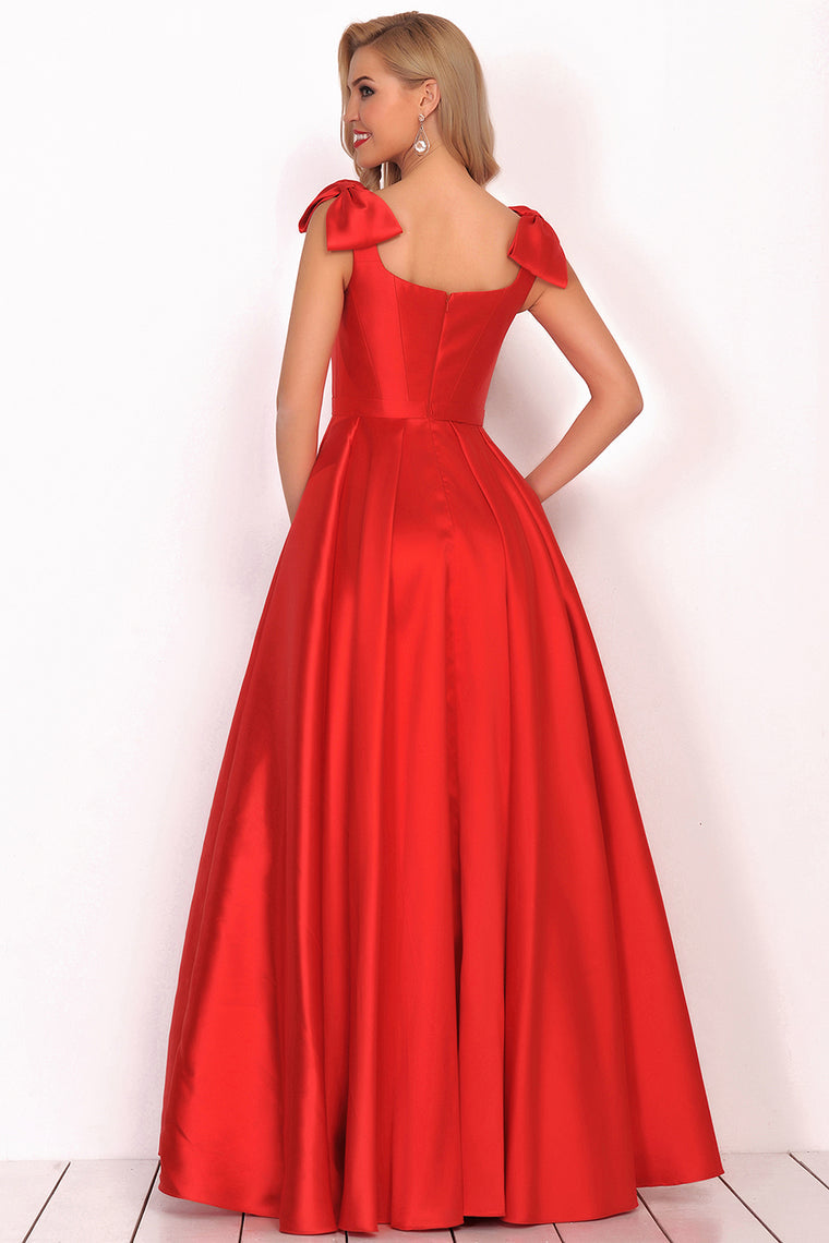 2024 V-Neck Bubble Shoulder A-Line Satin Evening Dress Floor-Length