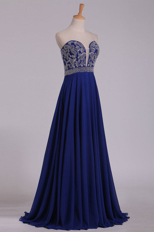 2024 New Arrival Sweetheart Beaded Bodice Floor Length Chiffon A Line Prom Dresses Dark Royal Blue