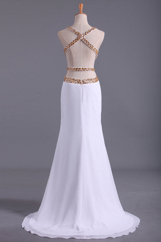 2024 Straps Prom Dresses Open Back Sheath/Column With Golden Beading Chiffon