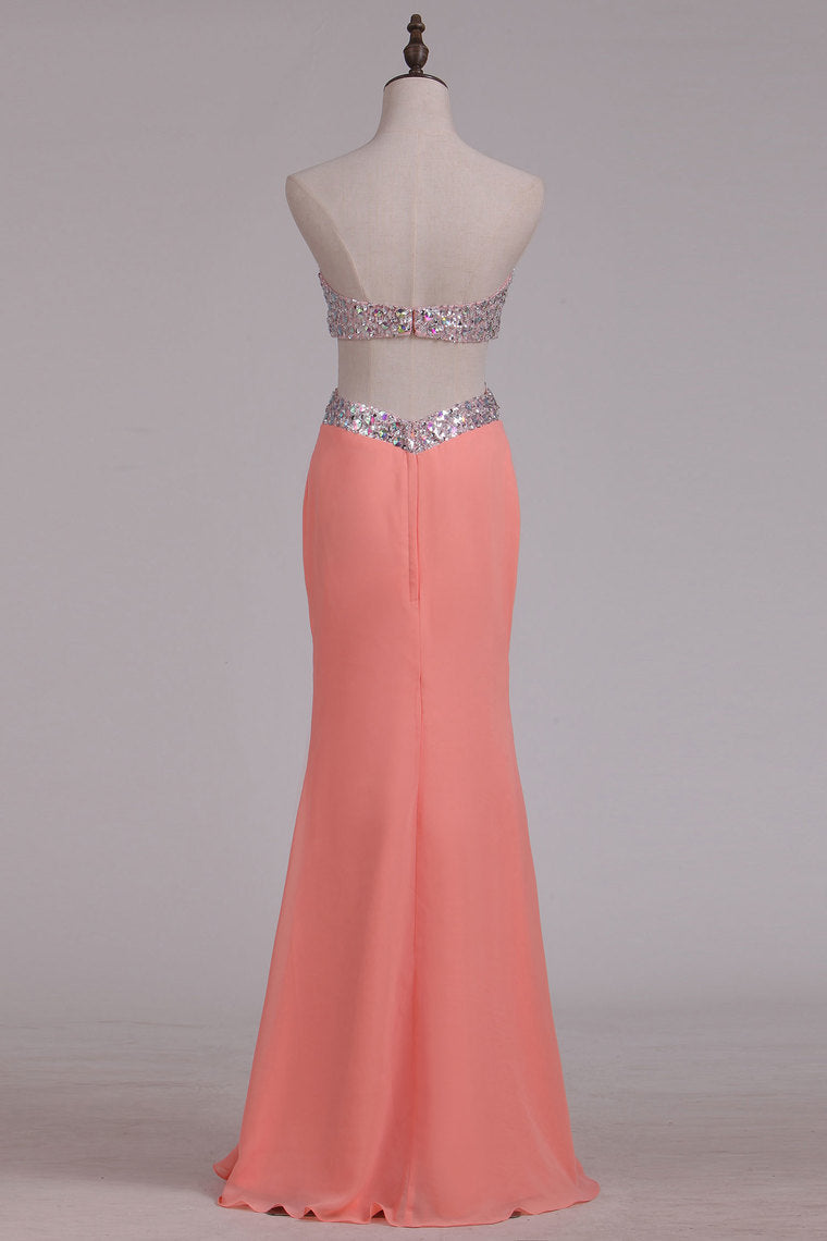 2024 Scalloped Neckline Beaded Bodice Prom Dresses Sheath Chiffon With Slit