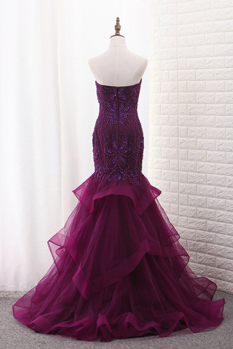 2024 Tulle Mermaid Sweetheart Prom Dresses With Beading Sweep Train