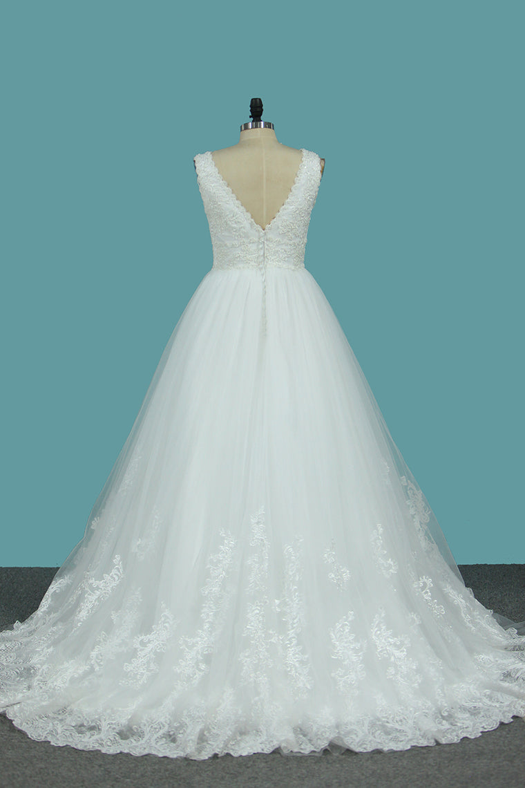 2024 Wedding Dresses V Neck Tulle A Line With Applique Sweep Train