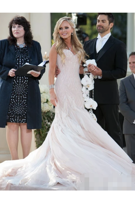 Sexy Sequins Mermaid Wedding Dress With Ruffles Luxurious Champagne Bridal Gown