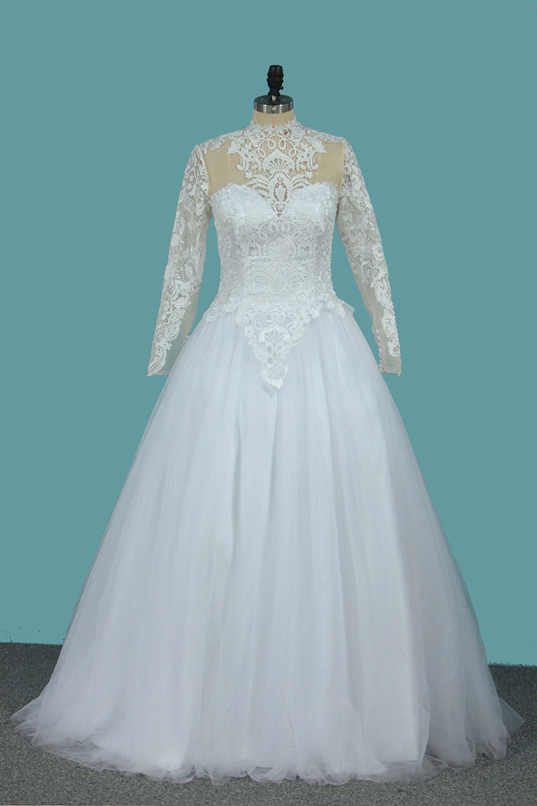 2024 A Line Long Sleeves High Neck Tulle With Applique Chapel Train Detachable Wedding Dresses