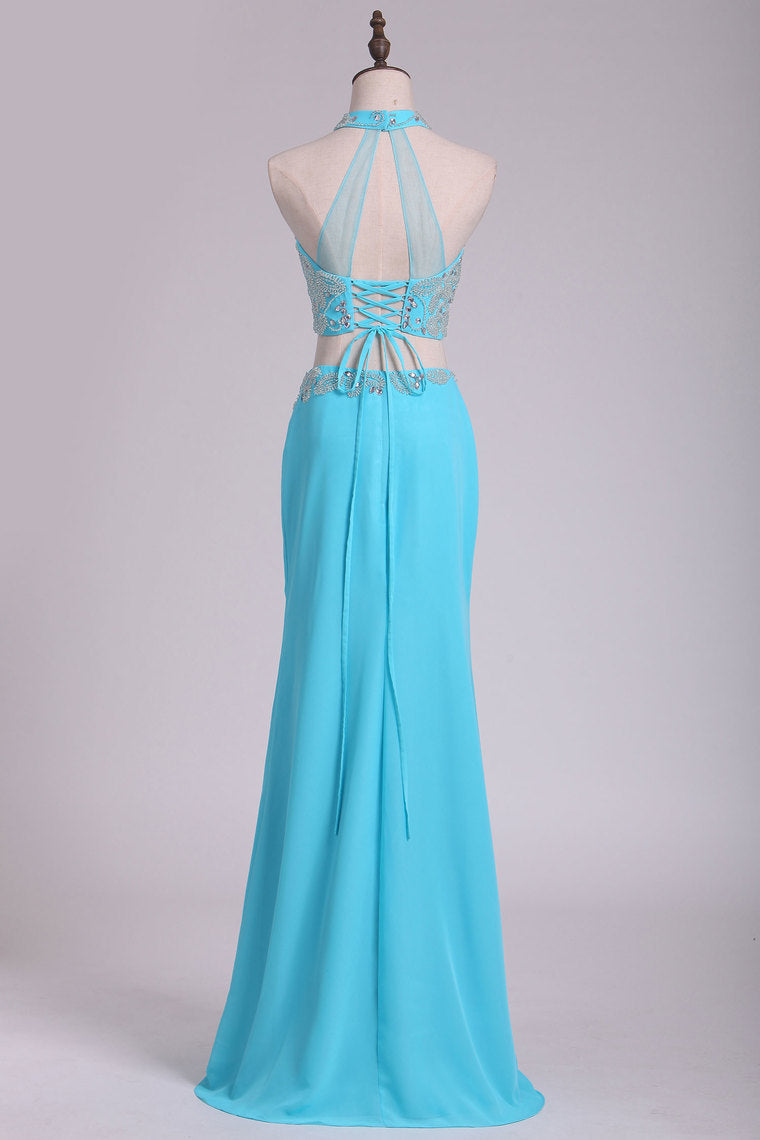 2024 Prom Dresses High Neck Chiffon Spandex With Beading Sheath