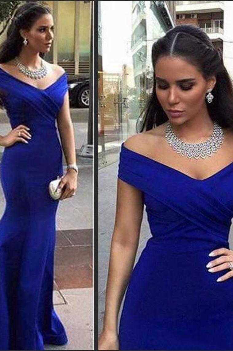 2024 Prom Dresses Off The Shoulder Satin Mermaid Dark Royal Blue Sweep Train