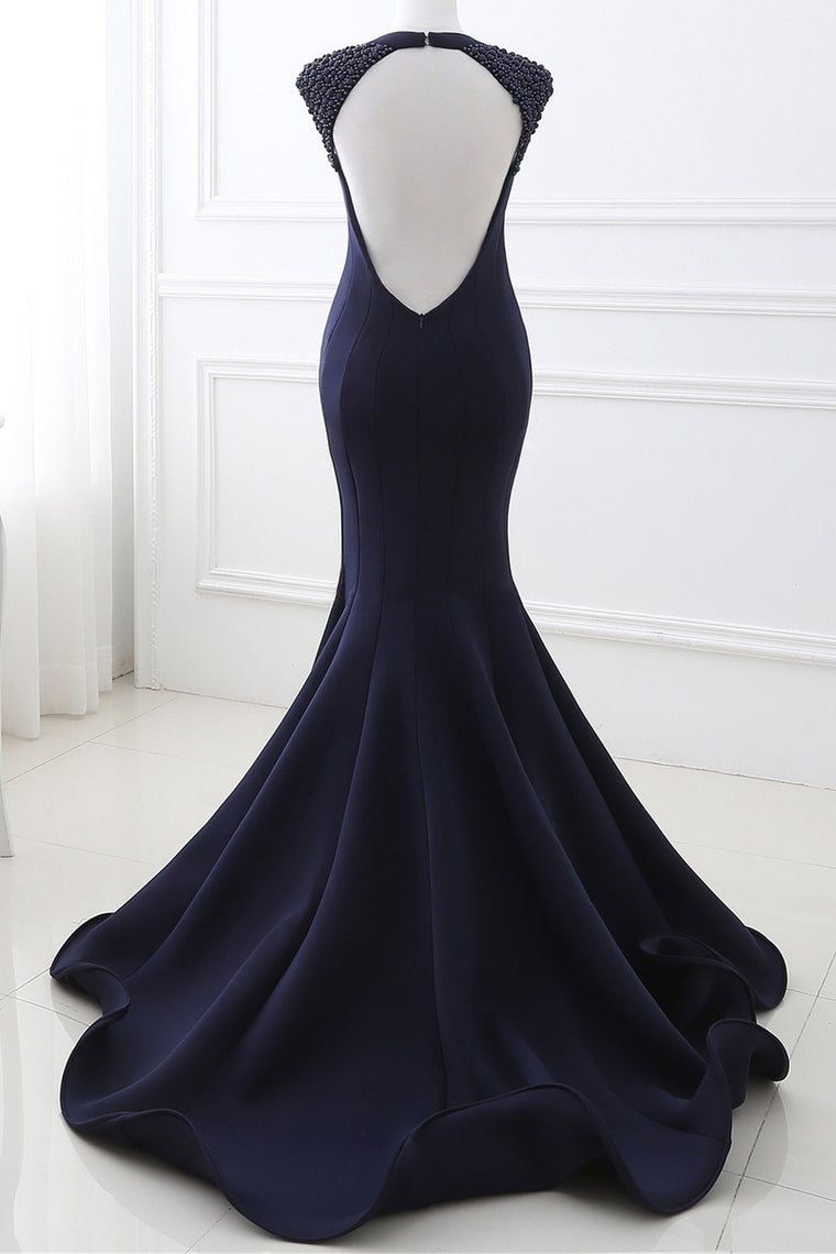 2024 Mermaid V Neck Satin Evening Dresses With Beading Sweep Train