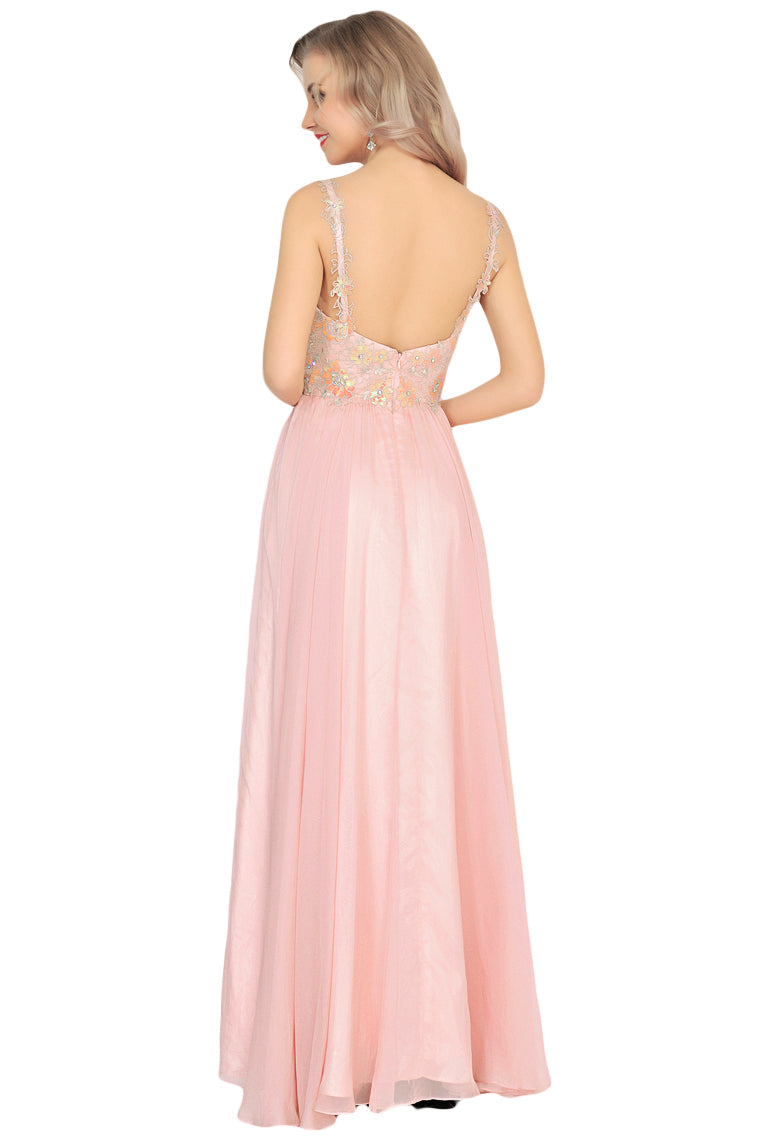 2024 A Line Spaghetti Straps Prom Dresses Chiffon With Beads And Applique