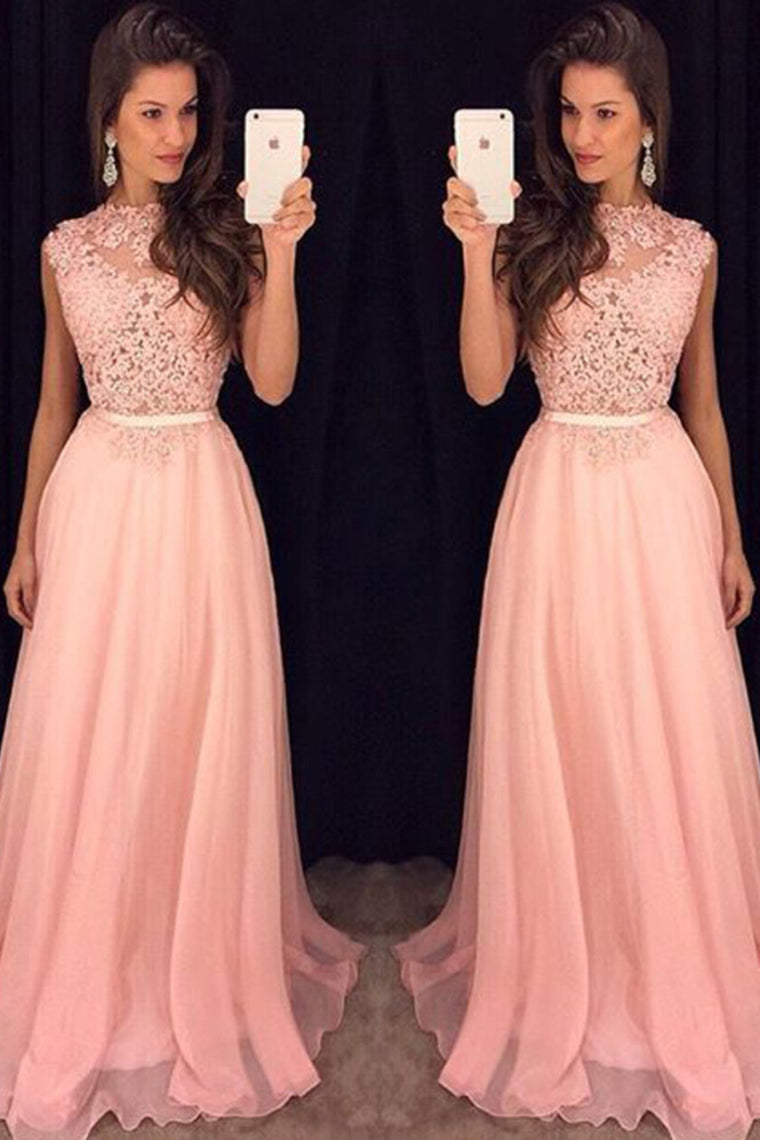 2024 Prom Dresses Scoop A Line Chiffon With Applique Zipper Up