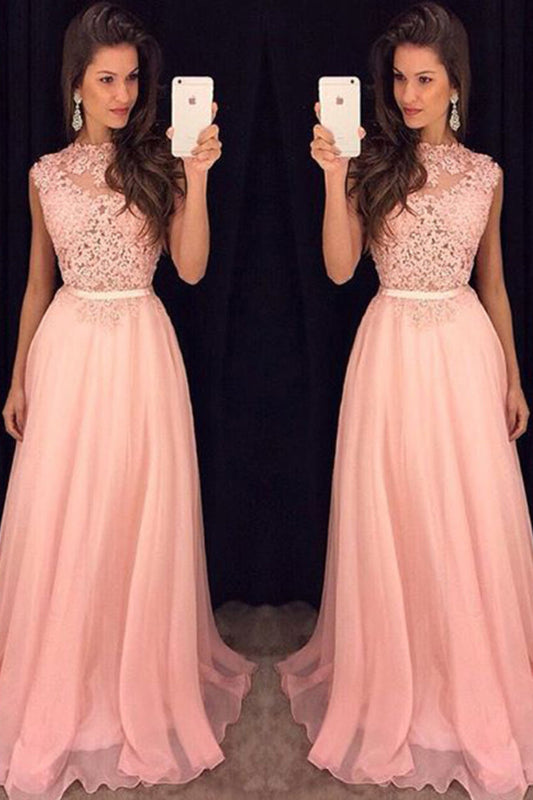 2024 Prom Dresses Scoop A Line Chiffon With Applique Zipper Up