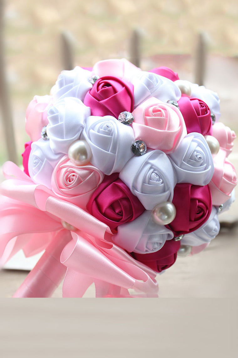 Satin Rose Flower Wedding Bouquet Round Shape With Rhinestone (28.5*15cm)