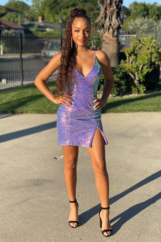 Lavender Fashion Glitter Party Dress Short Prom Homecoming Dresses Khloe Dress