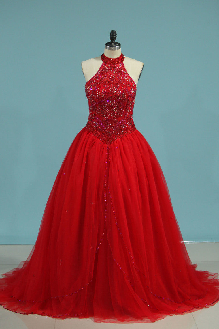 2024 High Neck Quinceanera Dresses Ball Gown With Beading Court Train