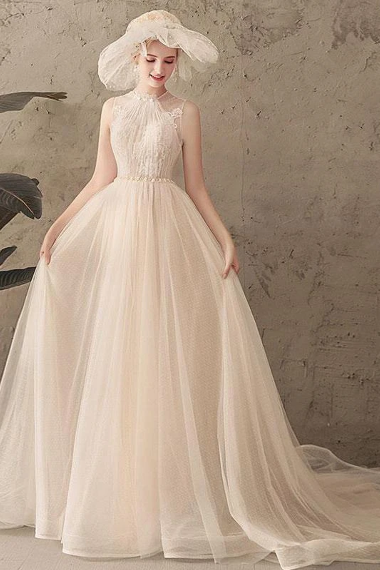 Ivory Jewel Sleeveless Tulle Wedding Dress With Lace, A Line Pleats Open Back Bridal Dress