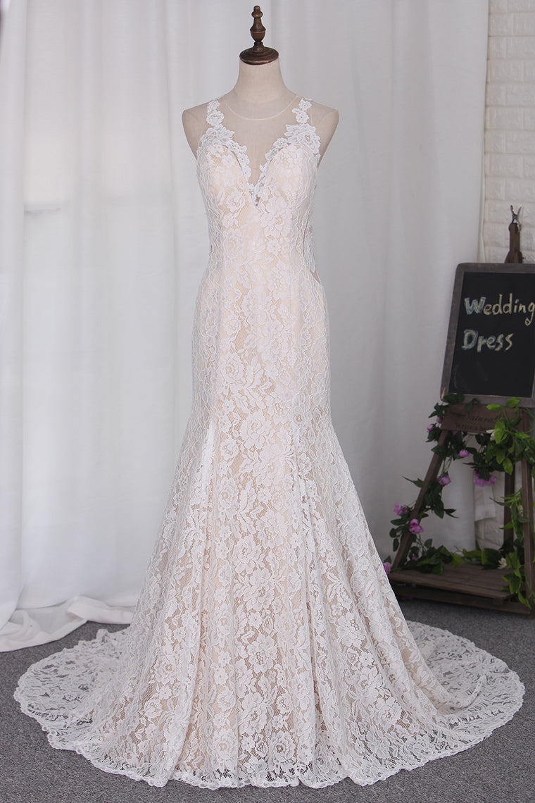 2024 New Arrival Wedding Dresses Mermaid Scoop Lace With Applique Court Train